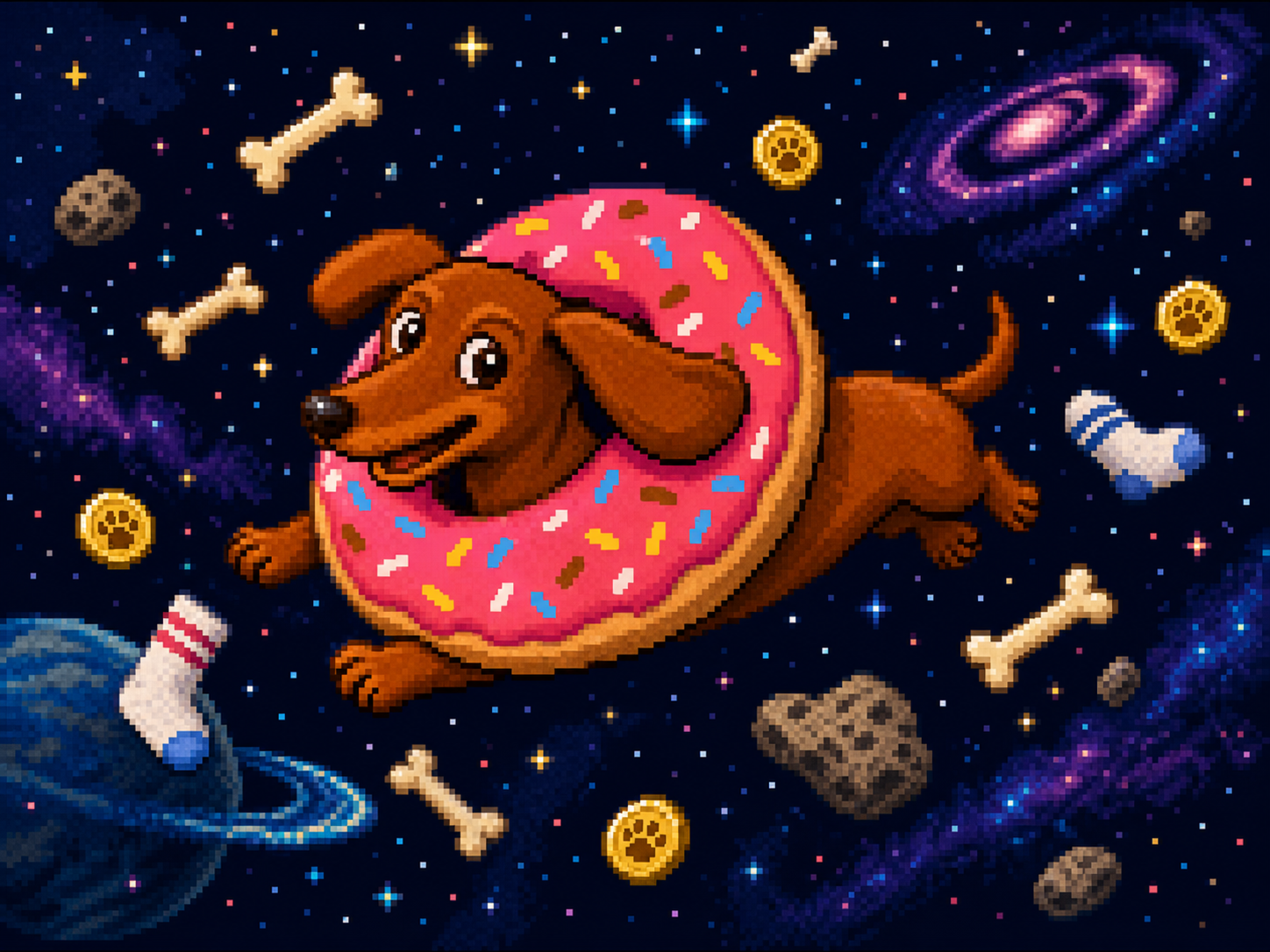 8-bit Dogwin floating in a donut collar