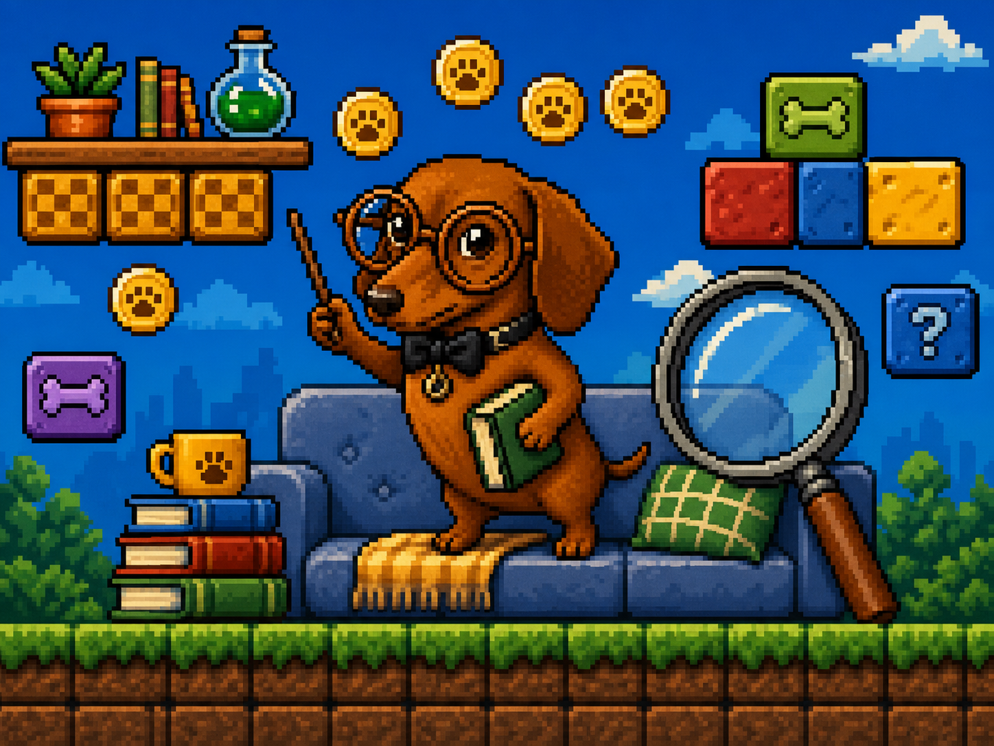 8-bit Dogwin wearing glasses on a couch