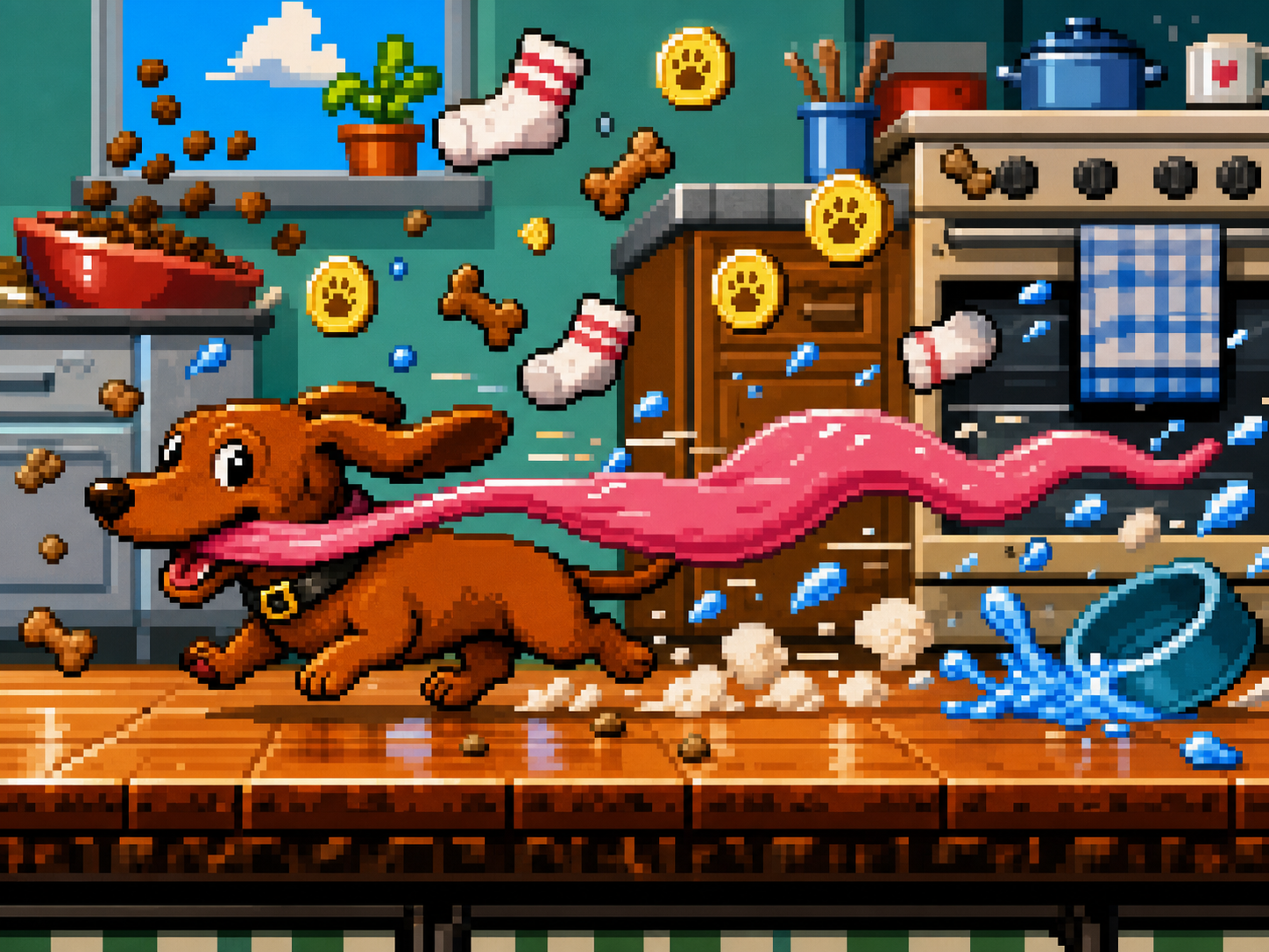 8-bit Dogwin running with a giant tongue